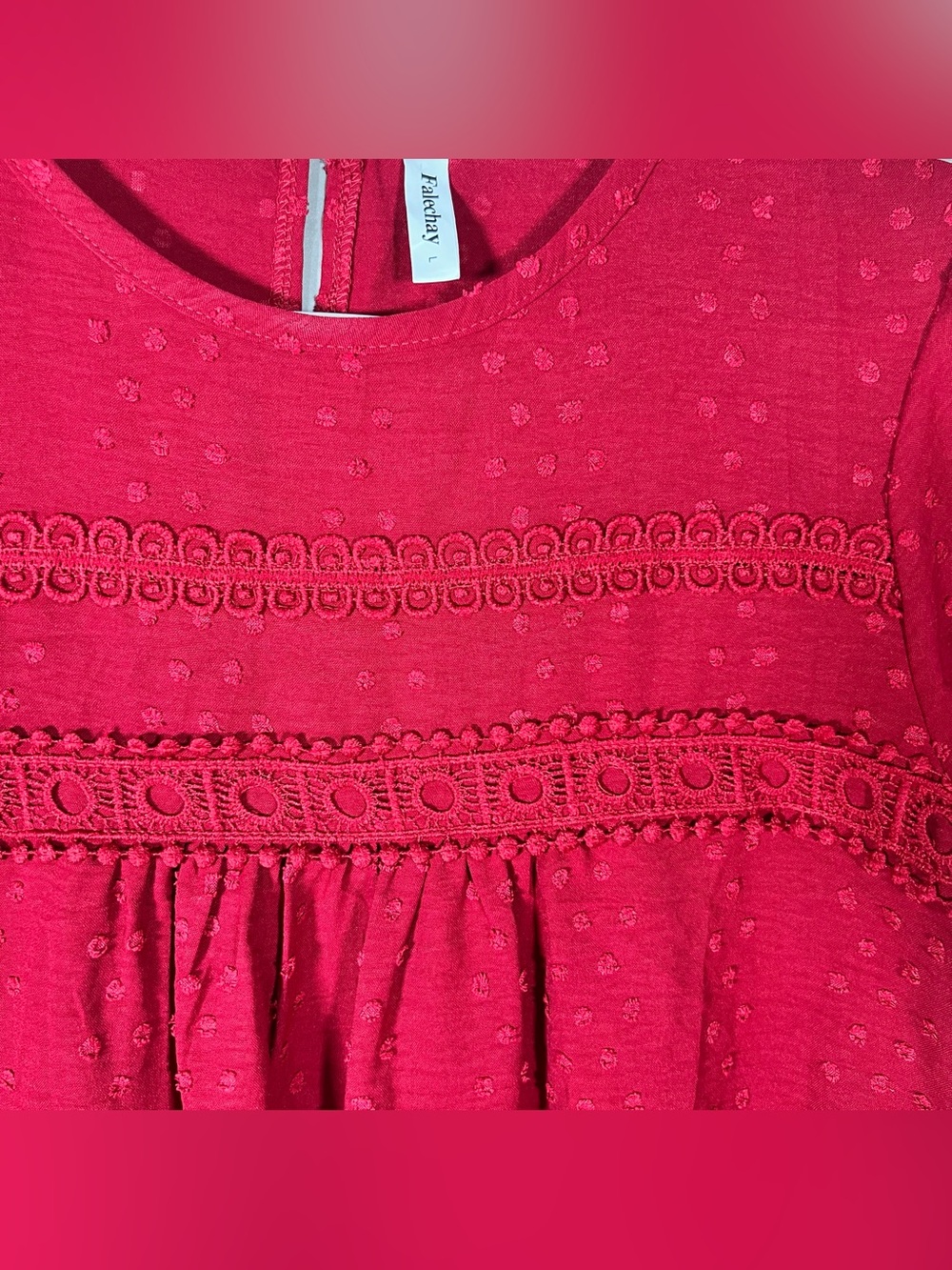B-024 Red Swiss Dot Lace-Yoke Women’s Top - Picture 5 of 9
